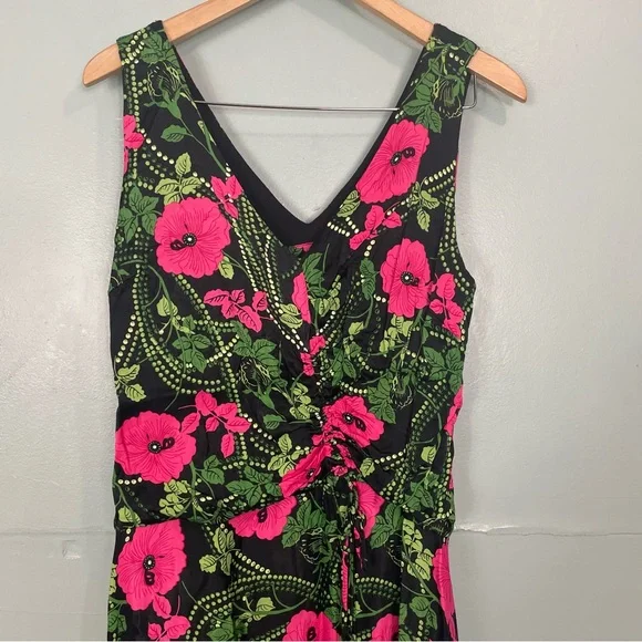 Anthropologie Maeve Ruched Midi Dress Floral Black Pink Slit Women Sz 14 - Picture 4 of 10